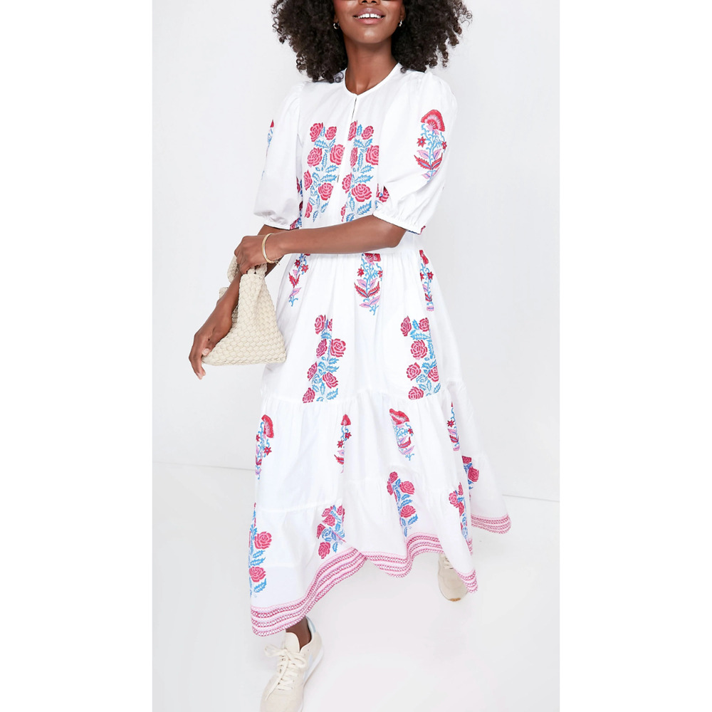 OLIPHANT Tuckernuck Pink Blue Block Print Grandiflora Puff Sleeve Maxi Dress XS - Picture 3 of 14